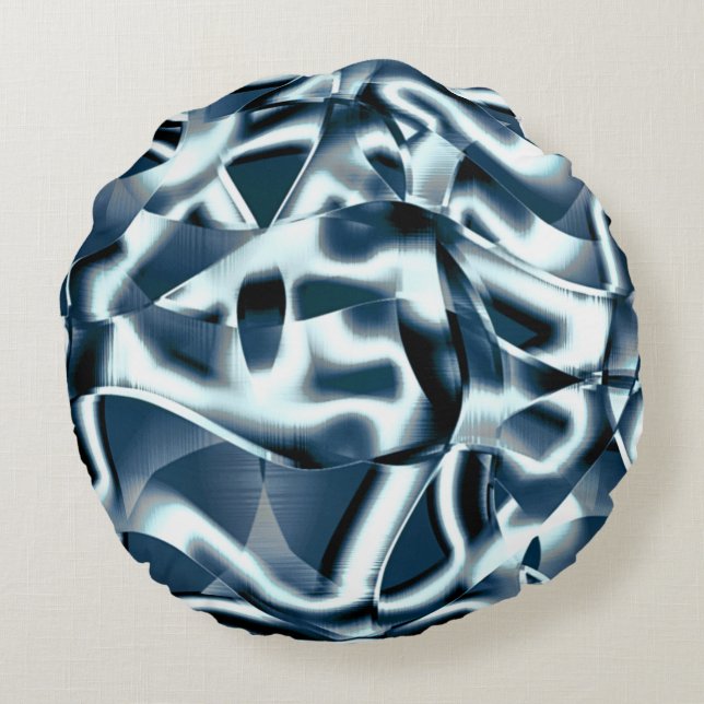 Almofada Redonda Fitas curvas sobrepostas, tons cromados em azul (Verso)