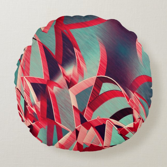 Almofada Redonda Fitas vermelhas curvas sobre cinzas azuladas, perf (Frente)