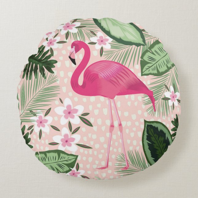 Almofada Redonda Flamingo and palm trees seamless pattern illustrat (Frente)