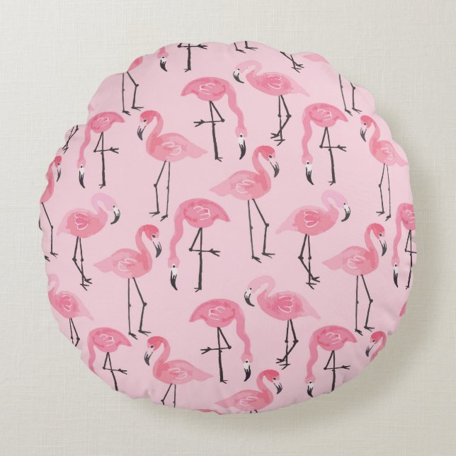 Almofada Redonda Flamingo Cor-De-Rosa, Padrão Tropical De Verão. (Frente)
