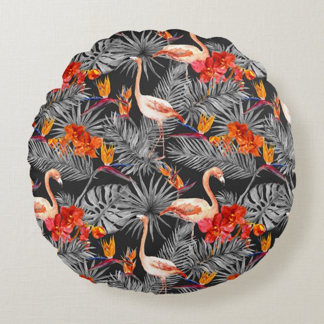 Almofada Redonda Flamingo e flores, padrão monocromático. (Frente)