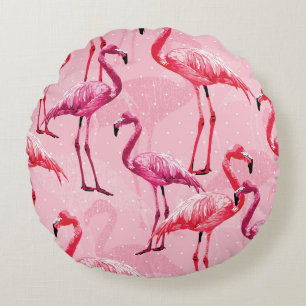 Almofada Redonda Flamingo Elegance: Padrão de Pássaro Rosa.