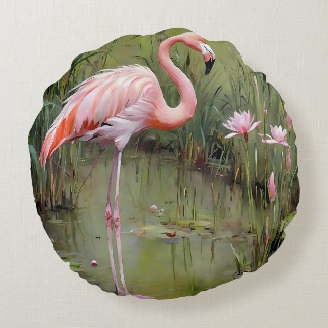 Almofada Redonda Flamingo, Lírios De Água E Pintura De Óleo De Leit (Verso)