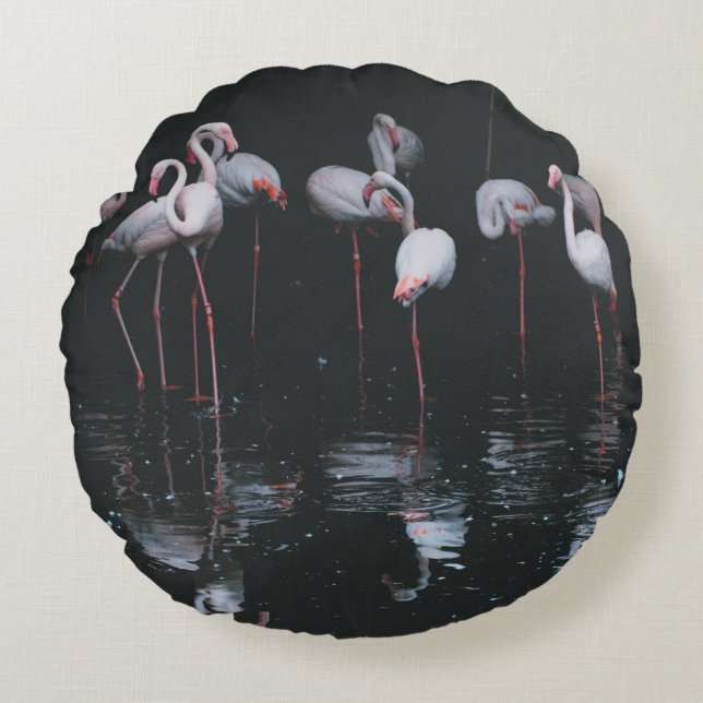 ALMOFADA REDONDA FLAMINGO NO FUNDO ESCURO (Frente)