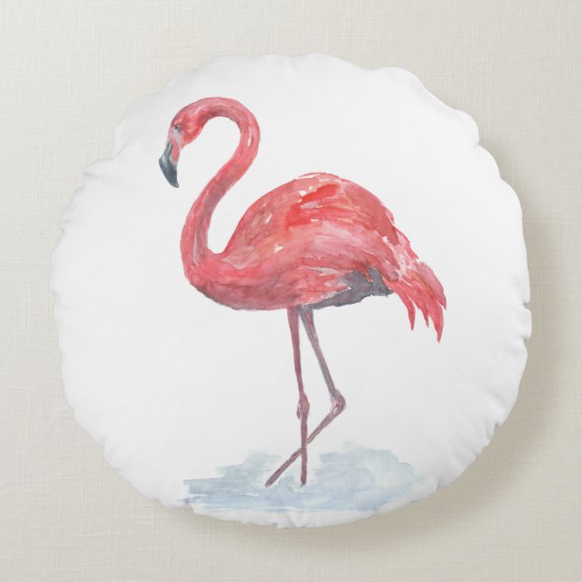Almofada Redonda Flamingo rosa, aquarela. (Frente)