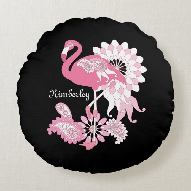 Almofada Redonda Flamingo Rosa Preto Personalizado (Frente)
