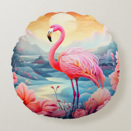 Almofada Redonda Flamingo Tropical com Flores