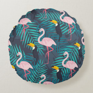 Almofada Redonda Flamingo, tucano: padrão das folhas tropicais