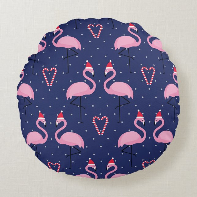 Almofada Redonda Flamingo Xmas Hat Candy Patterno (Frente)