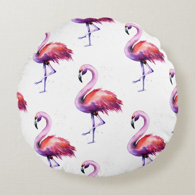 Almofada Redonda Flamingos com salpicos: padrão de aquarela. (Frente)