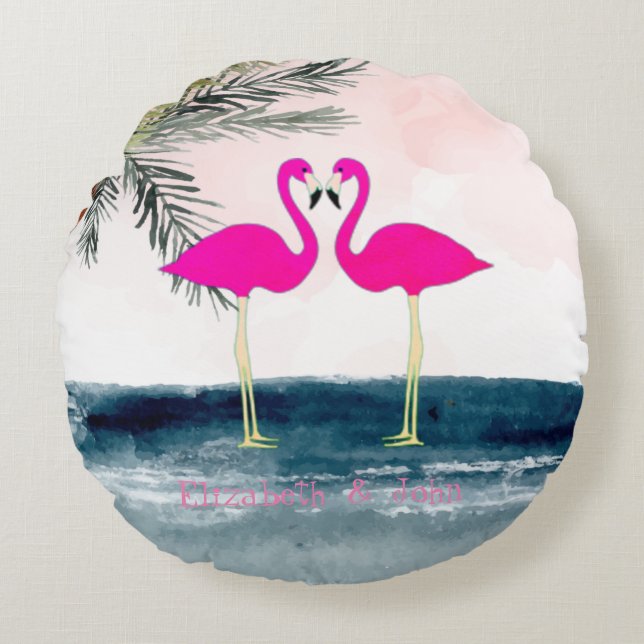 Almofada Redonda Flamingos Rosa na Praia (Frente)