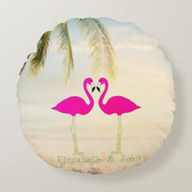 Almofada Redonda Flamingos Rosa,Praia,Palm,Personalizado (Frente)