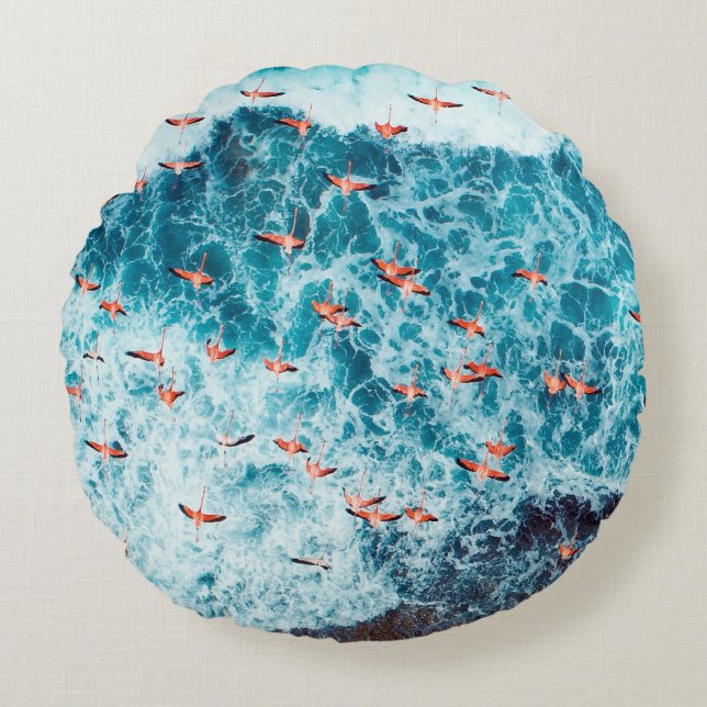 Almofada Redonda Flamingos voando na praia do mar caribe, Lo (Frente)