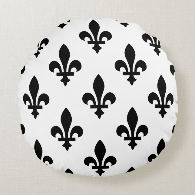 Almofada Redonda Fleur de Lis Pattern, Royal French, preto em branc (Frente)