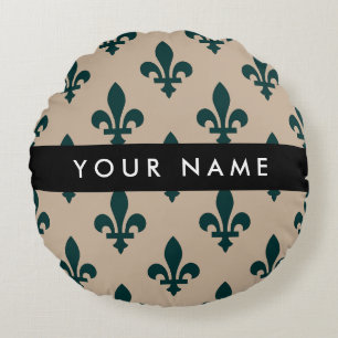Almofada Redonda Fleur de Lis, Verde sobre Bege, Real, Seu Nome