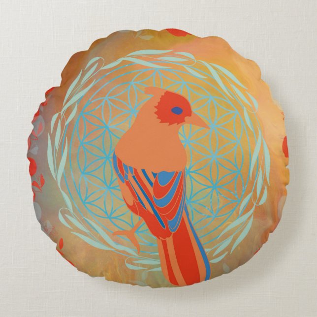Almofada Redonda Fleur de vie oiseau (Frente)