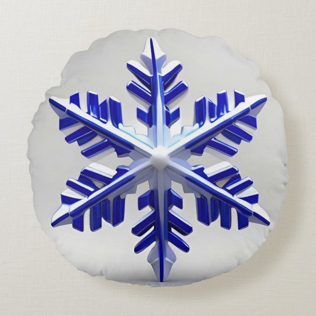 Almofada Redonda Floco de neve azul detalhado (Frente)