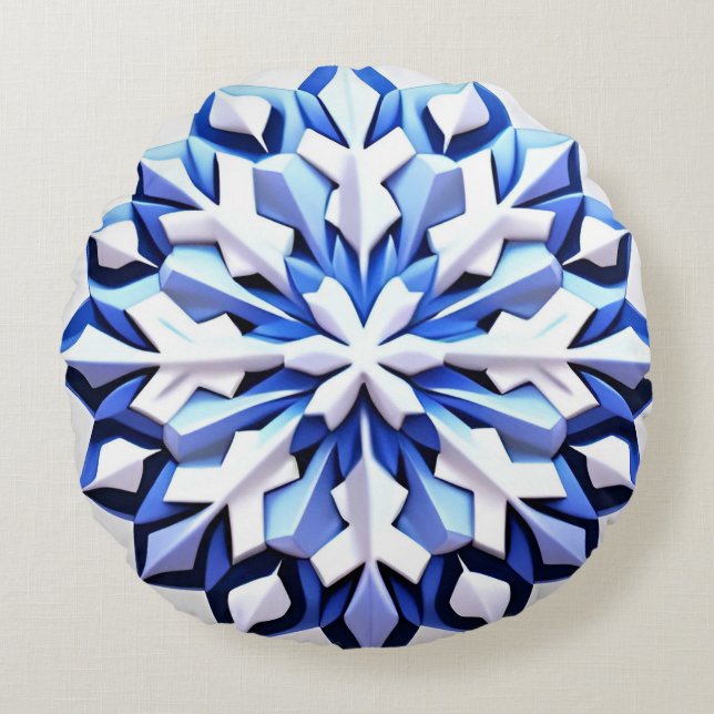 Almofada Redonda Floco de neve azul detalhado (Frente)