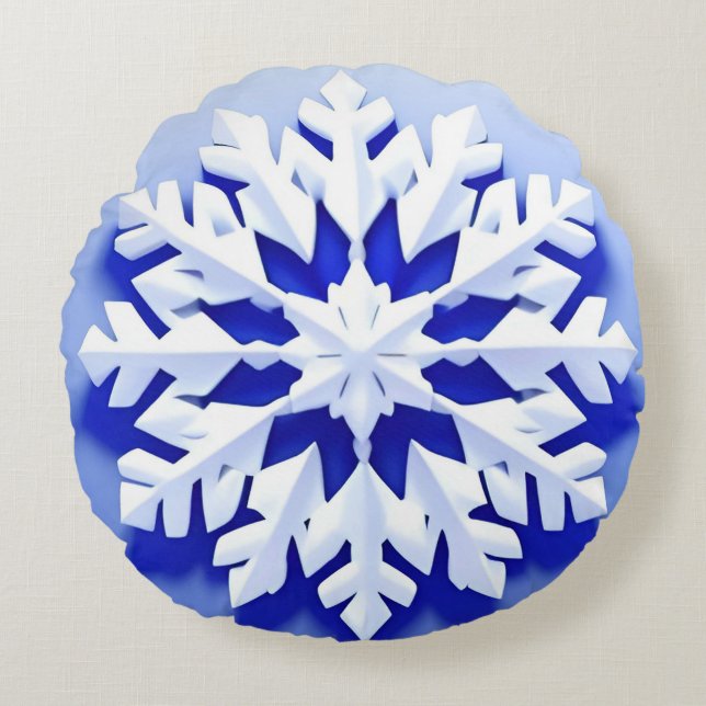 Almofada Redonda Floco de neve azul detalhado (Frente)