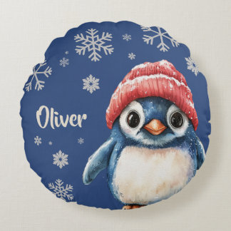 Almofada Redonda Floco de Neve de Natal Personalizado em Pinguim