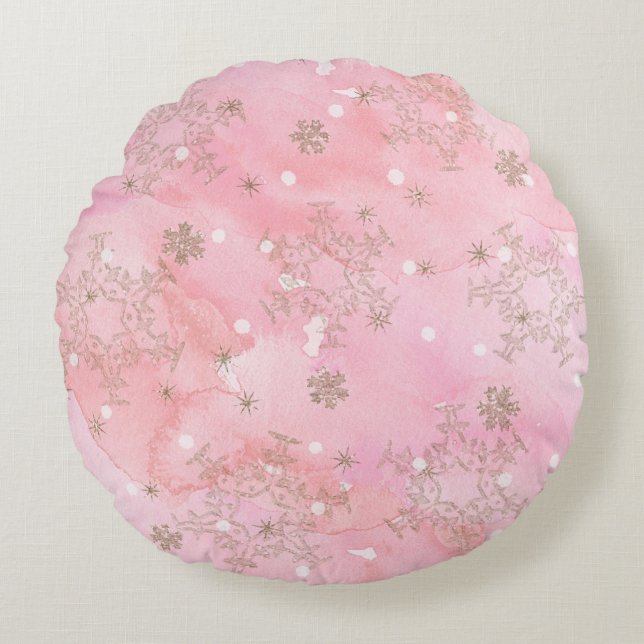 Almofada Redonda Flocos de Neve de Natal Rosa no Estilo Boho (Frente)