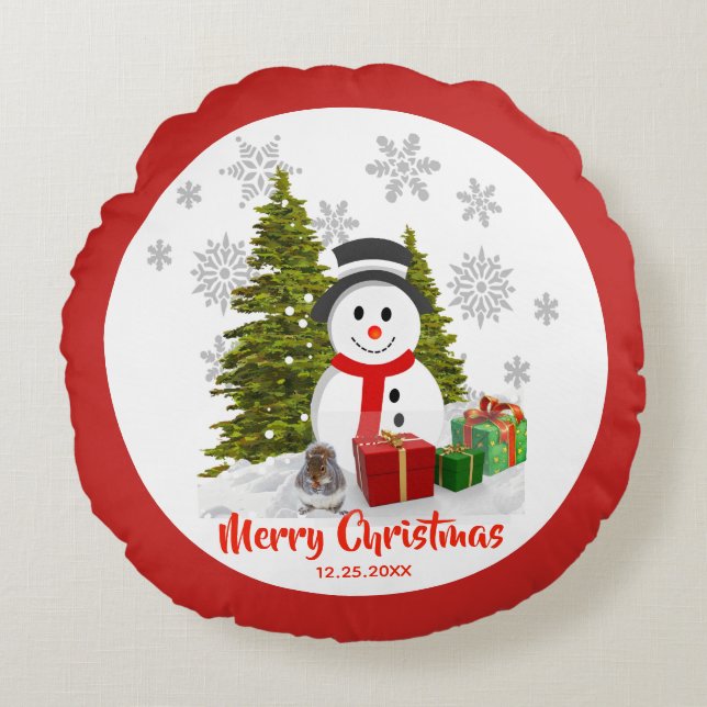 Almofada Redonda Flocos de neve e homens de neve Feliz Natal Decênc (Frente)