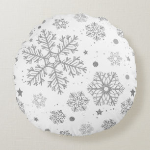 Almofada Redonda Flocos de neve prateados em branco