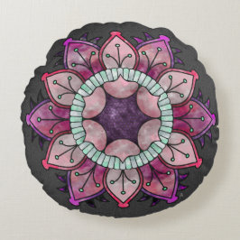 Almofada Redonda Flor Aquarela Mandala - Cores de Berry nas Cinzas