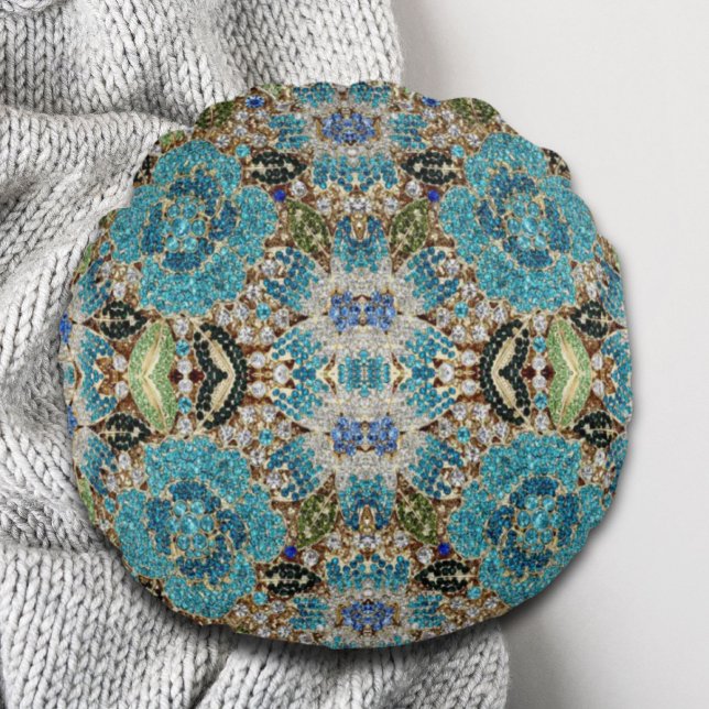 Almofada Redonda flor azul-azul-turquesa prateada boêmica (bohemian girly chic silver turquoise blue flower round pillow)