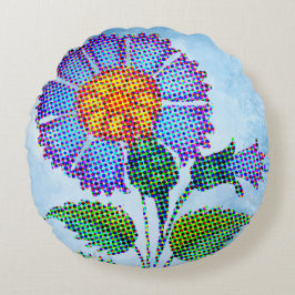 Almofada Redonda Flor Azul Meia-tinta em Arte Fina Azul