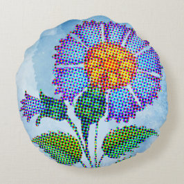 Almofada Redonda Flor Azul Meia-tinta em Arte Fina Azul