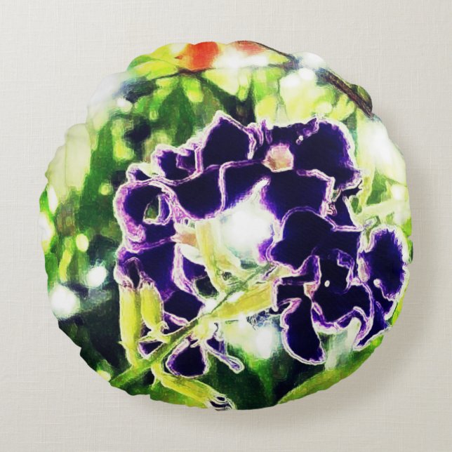 Almofada Redonda Flor azul violeta parece pintura a óleo (Frente)