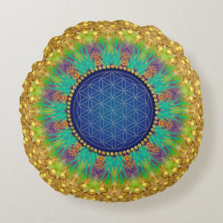 Almofada Redonda Flor da Vida Cores Vibrantes Dourado Azul Marinho