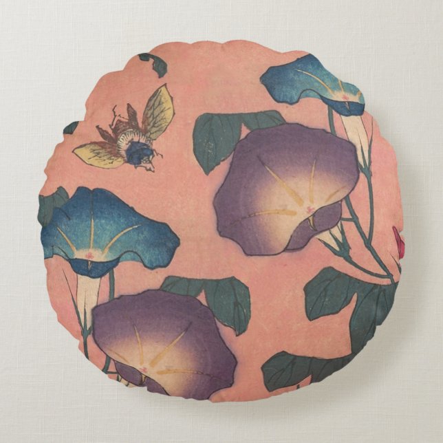 Almofada Redonda Flor de Abelha Rosa Arte Clássica Hokusai (Frente)