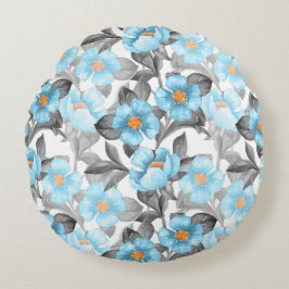 Almofada Redonda Flor de Aquarela Azul - Floral Botânico