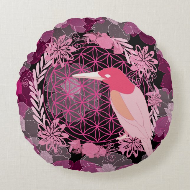 Almofada Redonda Flor de aves da vida (Frente)
