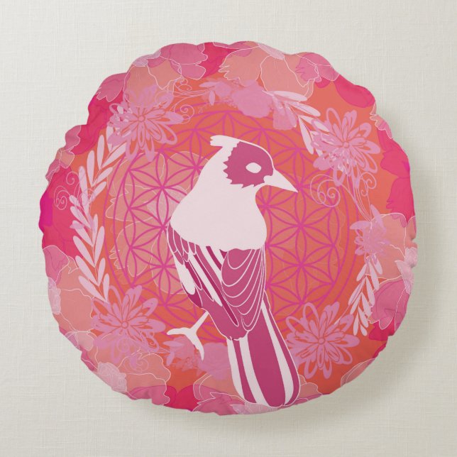 Almofada Redonda Flor de aves da vida (Frente)
