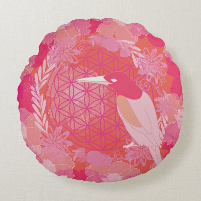 Almofada Redonda Flor de aves da vida (Frente)