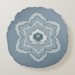 Almofada Redonda Flor de Baoxiang Chinesa em Azul Nebuloso e Jade T