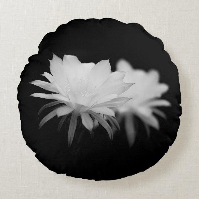 Almofada Redonda Flor de cacto preto e branco (Frente)