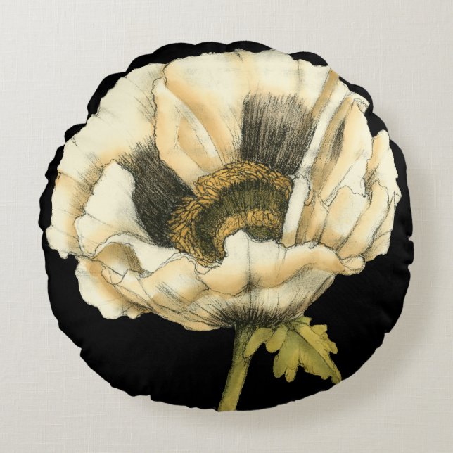 Almofada Redonda Flor de Creme Poppy no Fundo Preto (Frente)