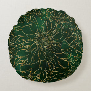 Almofada Redonda Flor de Dália Dourada e Verde