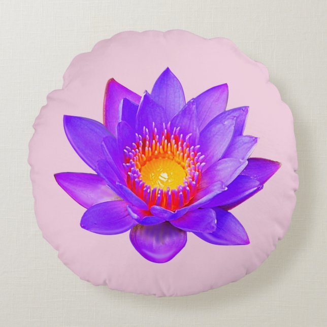 Almofada Redonda Flor de Lótus Violeta em Rosa Claro (Frente)