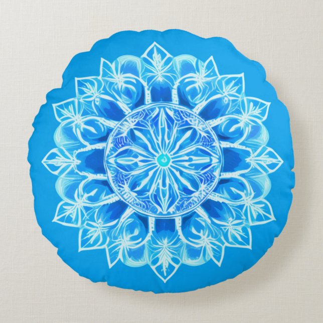 Almofada Redonda Flor de Mandala em Batik Turquesa (Frente)