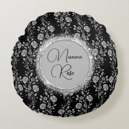 Almofada Redonda Flor de Prata Chic Personalizada a Preto
