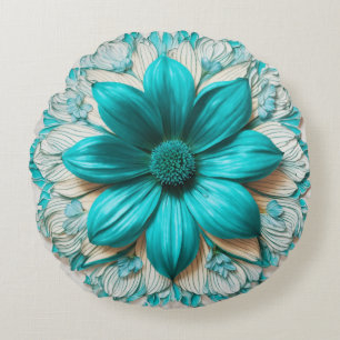 Almofada Redonda Flor de Turquesa Grande em Clipart Hiperrealista