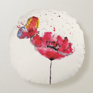 Almofada Redonda Flor pintada estilizado da papoila da aguarela