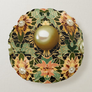 Almofada Redonda Flor Radiante: Azulejo de Deco de Arte Pérola do M