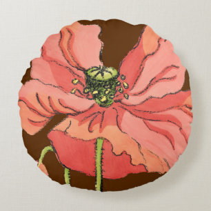Almofada Redonda Flor rosa grande com fundo vermelho profundo