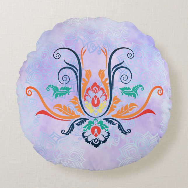 Almofada Redonda Flora Geométrica Clássica Damask Com Ramificações (Frente)